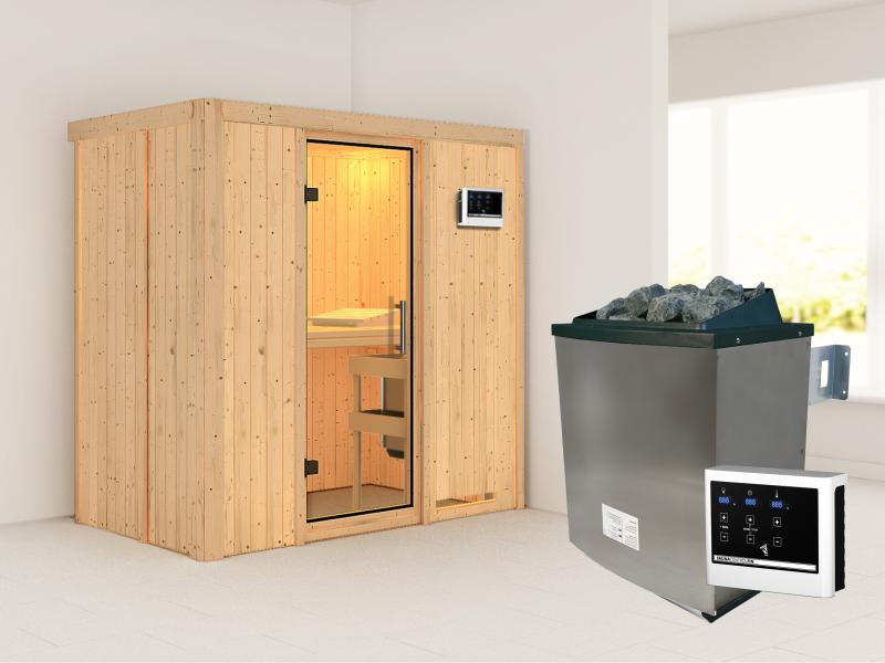 Karibu Sauna Variado inkl. 9 kW Ofen mit ext. Steuerung, mit klarglas Ganzglastür -ohne Dachkranz-