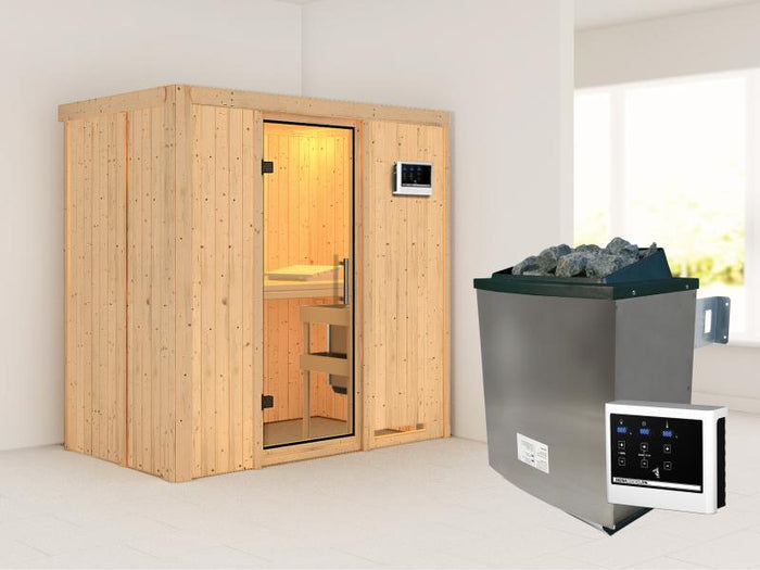 Karibu Sauna Variado inkl. 9 kW Ofen mit ext. Steuerung, mit klarglas Ganzglastür -ohne Dachkranz-