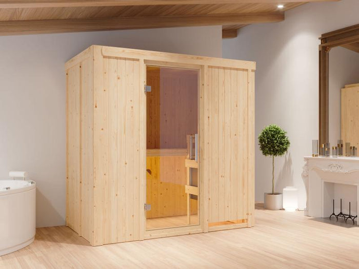 Karibu Sauna Variado inkl. 9 kW Ofen mit integr. Steuerung, mit Klarglas Ganzglastür -ohne Dachkranz