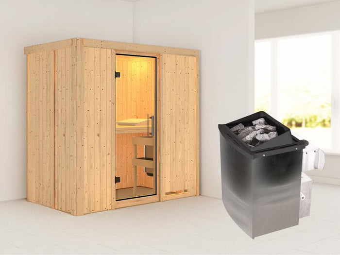 Karibu Sauna Variado inkl. 9 kW Ofen mit integr. Steuerung, mit Klarglas Ganzglastür -ohne Dachkranz
