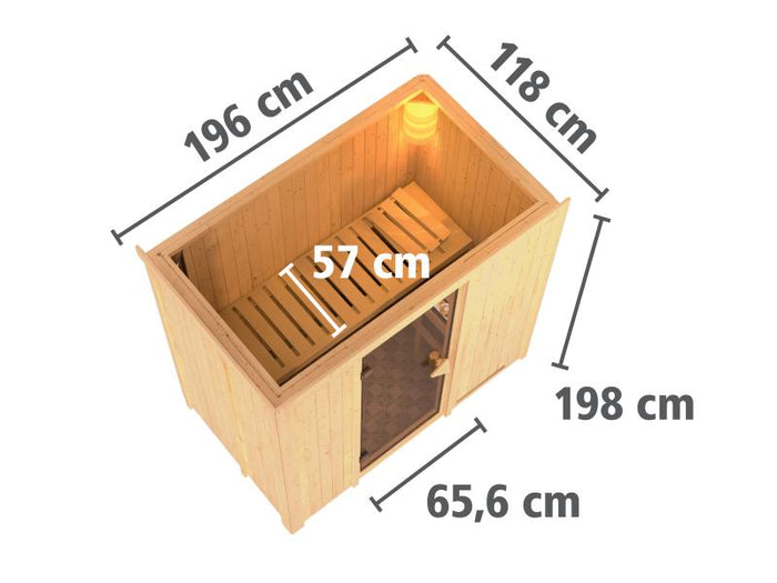 Karibu Sauna Variado inkl. 9 kW Ofen mit integr. Steuerung, mit Klarglas Ganzglastür -ohne Dachkranz