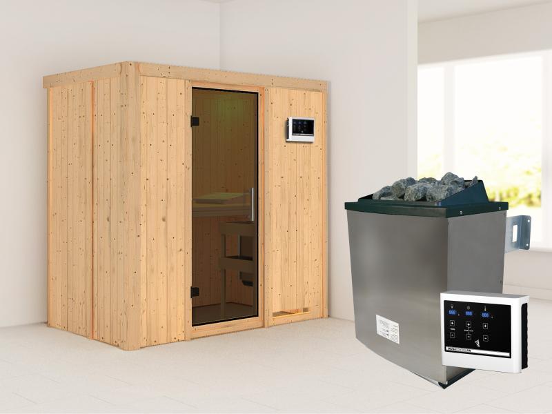 Karibu Sauna Variado mit 9 kW Ofen ext. Steuerung, mit moderner Saunatür -ohne Dachkranz-