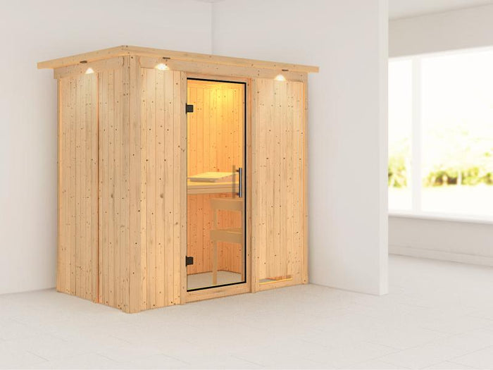 Karibu Sauna Variado ohne Ofen, mit Dachkranz, mit Klarglas Ganzglastür