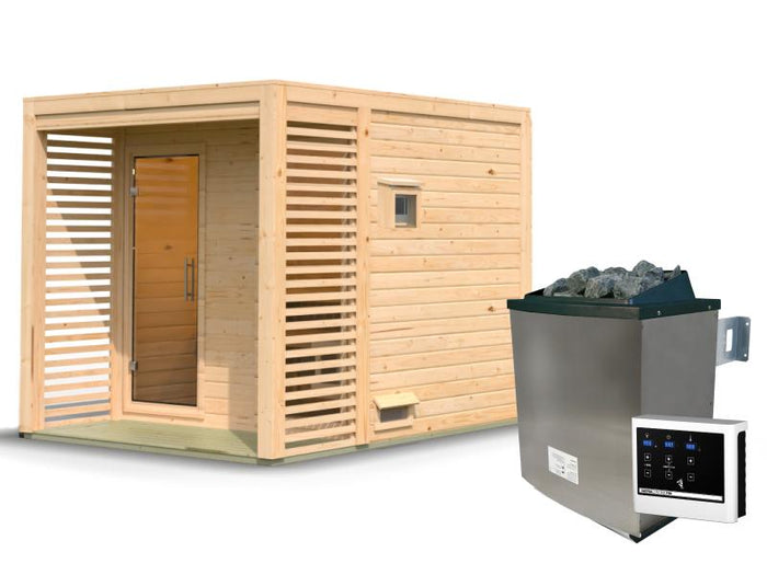 Karibu Saunahaus Angkor 2, 38 mm naturbelassen -inkl. 9 kW Ofen ext. Steuerung-