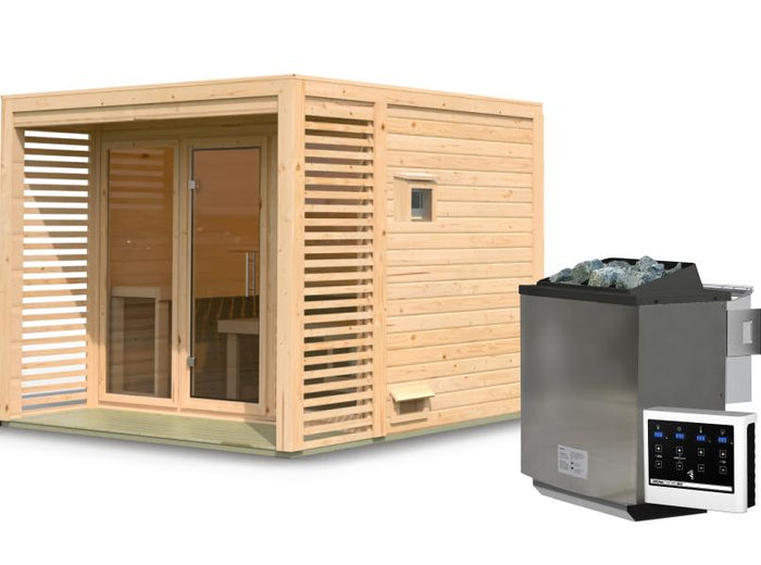 Karibu Saunahaus Angkor 3, 38 mm naturbelassen -inkl. 9 kW Bioofen ext. Steuerung-