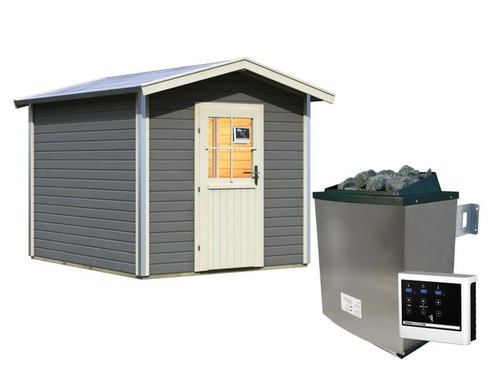 Karibu Saunahaus Bosse 1 terragrau mit Vorraum, inkl. 9 kW Ofen ext. Steuerung - mit klassischer Tür