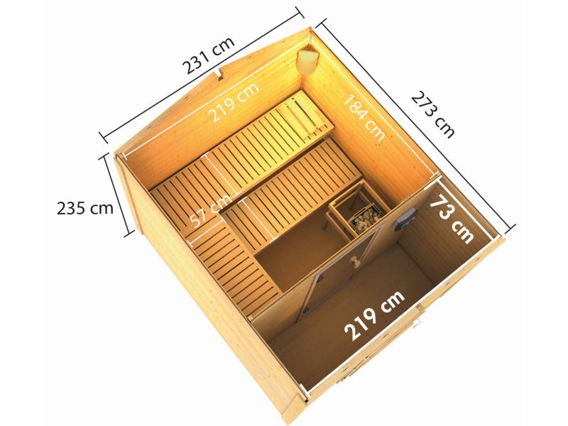 Karibu Saunahaus Bosse 1 terragrau mit Vorraum, inkl. 9 kW Ofen ext. Steuerung - mit klassischer Tür