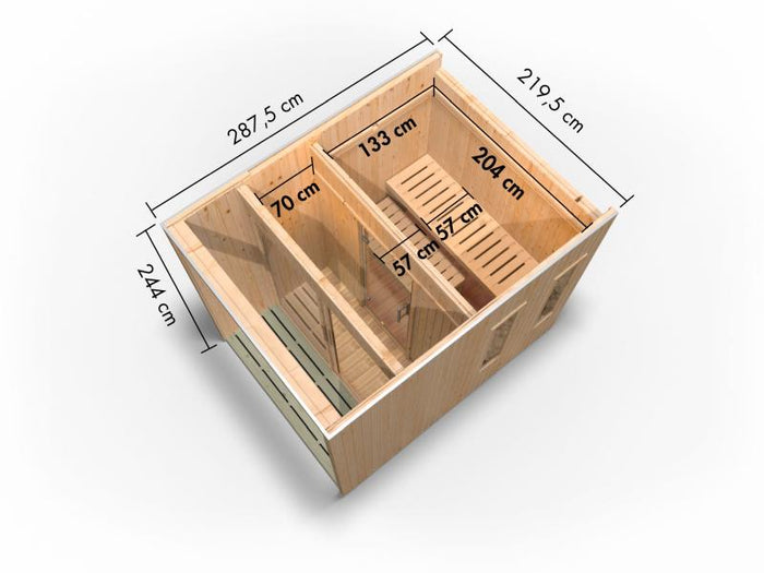 Karibu Saunahaus Catalina, natur -inkl. 9 kW Ofen ext. Steuerung- inkl. Vorraum, 73 mm
