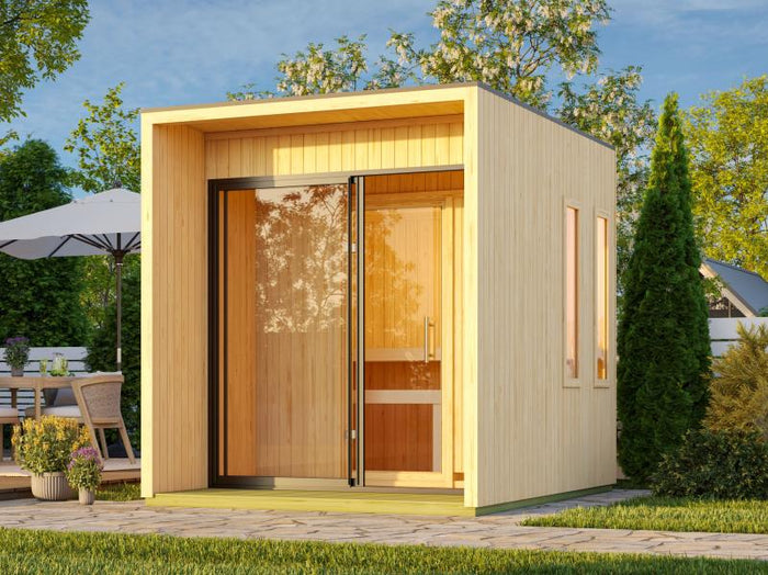 Karibu Saunahaus Catalina, natur -inkl. 9 kW Ofen ext. Steuerung- inkl. Vorraum, 73 mm