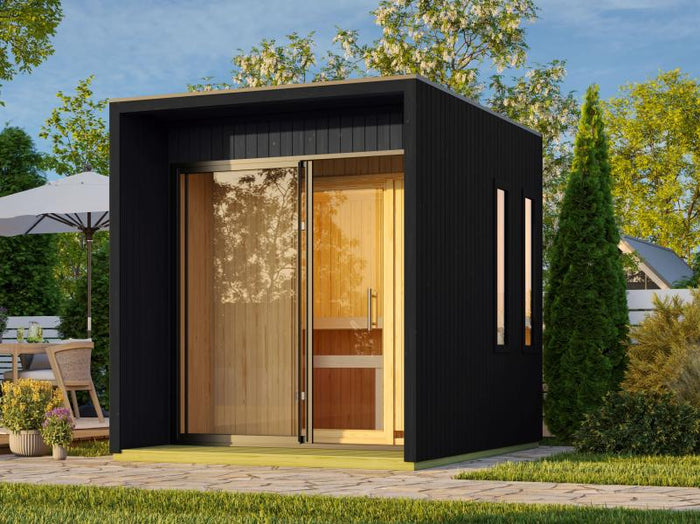 Karibu Saunahaus Catalina, schwarz-inkl. 9 kW Bioofen ext. Steuerung- inkl. Vorraum, 73 mm