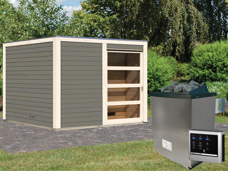 Karibu Saunahaus Cuben terragrau 38 mm inkl. 9-kW-Ofen