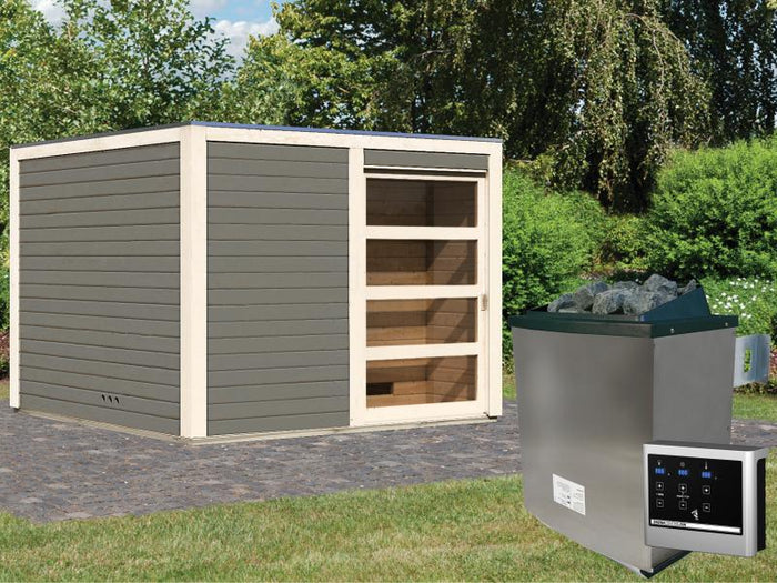 Karibu Saunahaus Cuben terragrau 38 mm inkl. 9-kW-Ofen