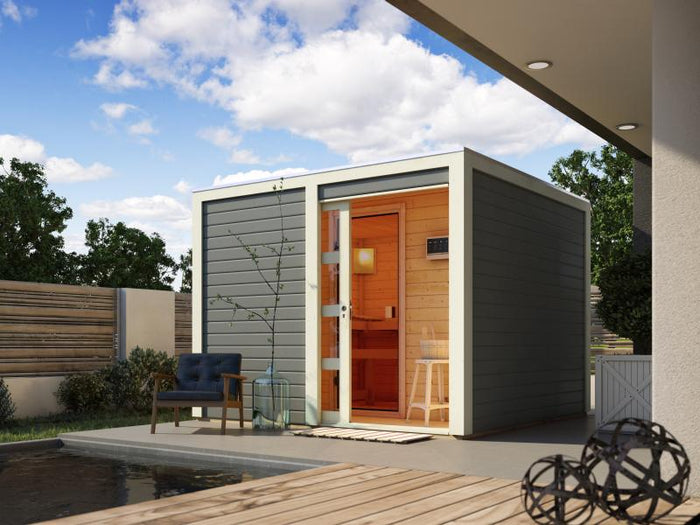 Karibu Saunahaus Cuben terragrau 38 mm inkl. 9-kW-Bioofen