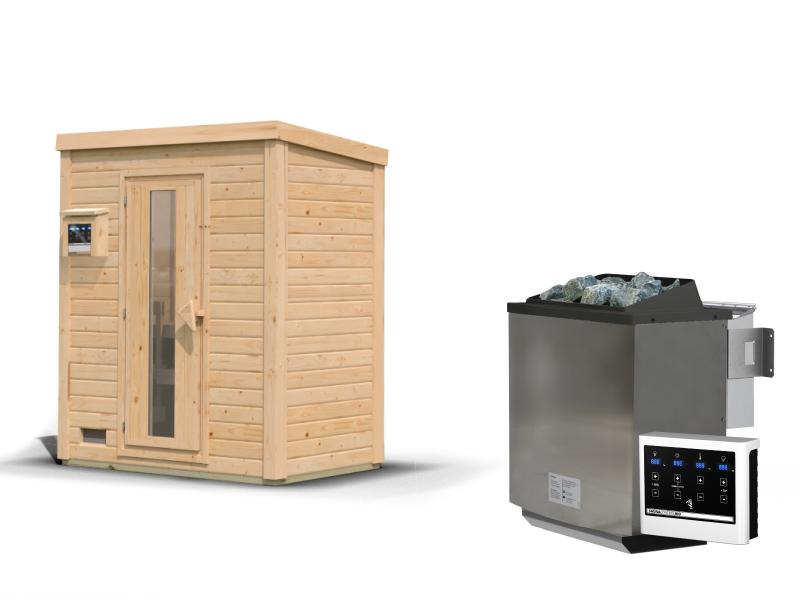 Karibu Saunahaus Hytti 0 38 mm - Ofen 9kW Bio ext. Strg. - Iso Tür naturbelassen