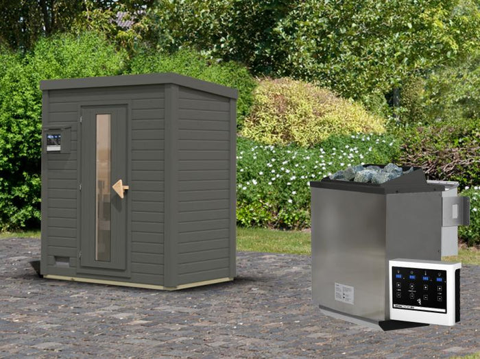 Karibu Saunahaus Hytti 0 38 mm - Ofen 9kW Bio ext. Strg. - Iso Tür, terragrau