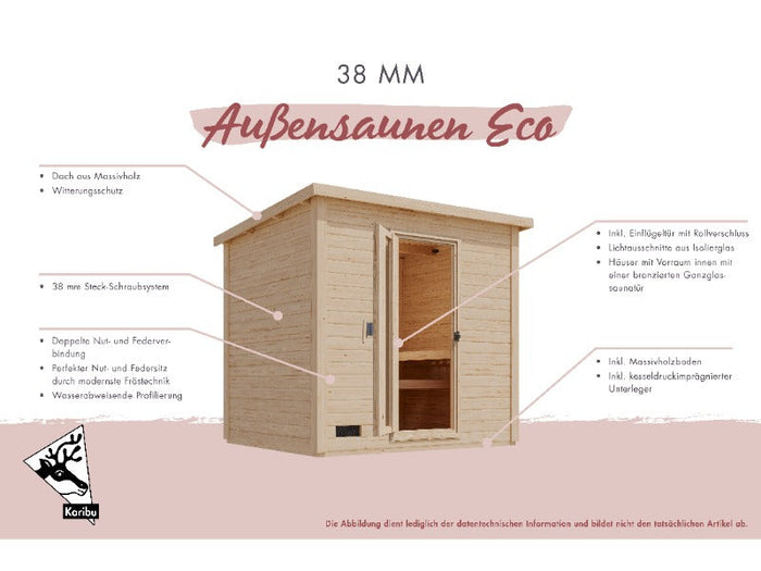 Karibu Saunahaus Hytti 0 38 mm - Ofen 9kW ext. Strg. - Iso Tür naturbelassen