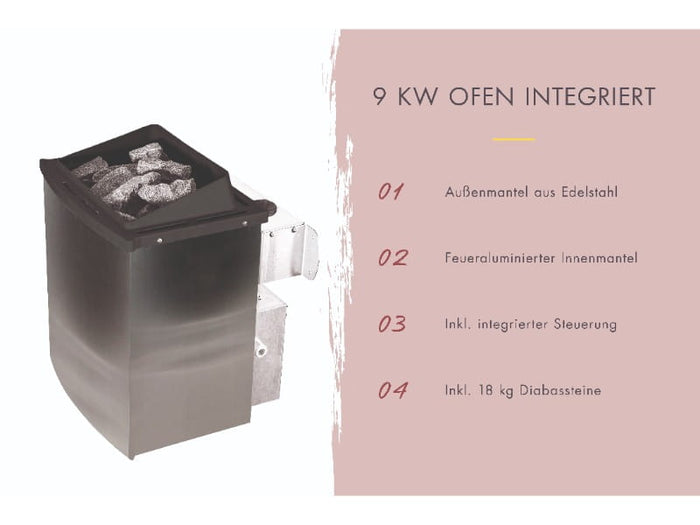 Karibu Saunahaus Hytti 0 38 mm - Ofen 9kW integr. Strg. - Iso-Tür naturbelassen