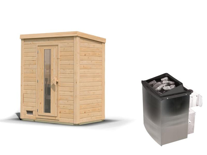 Karibu Saunahaus Hytti 0 38 mm - Ofen 9kW integr. Strg. - Iso-Tür naturbelassen