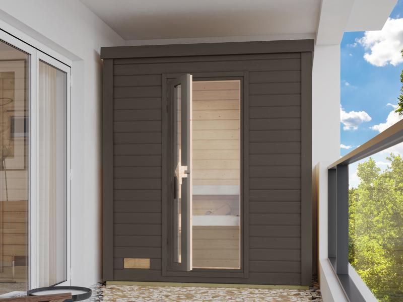 Karibu Saunahaus Hytti 0 38 mm - Ofen 9kW integr. Strg. - Iso-Tür, terragrau