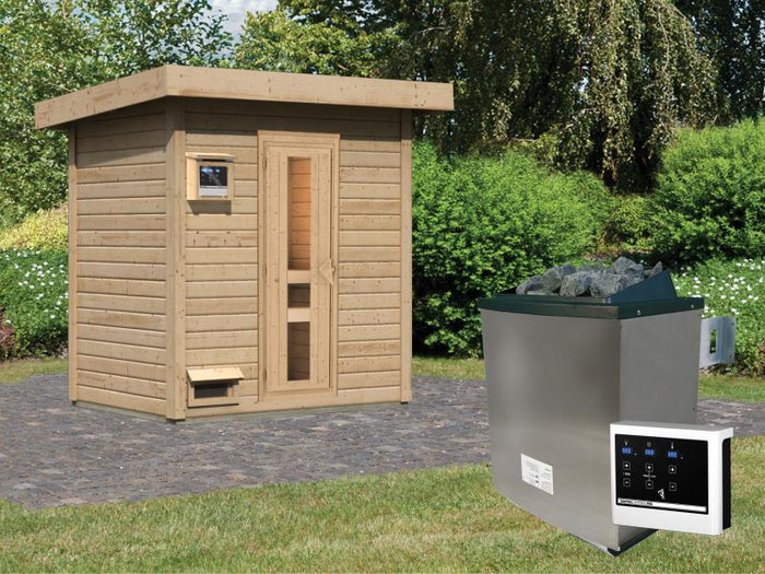 Karibu Saunahaus Hytti 1 38 mm - inkl. 9 kW Ofen ext. Steuerung - mit Energiespartür und Fußboden