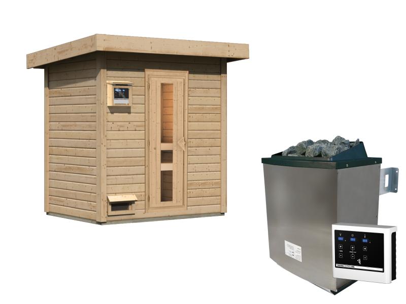 Karibu Saunahaus Hytti 1 38 mm - inkl. 9 kW Ofen ext. Steuerung - mit Energiespartür und Fußboden