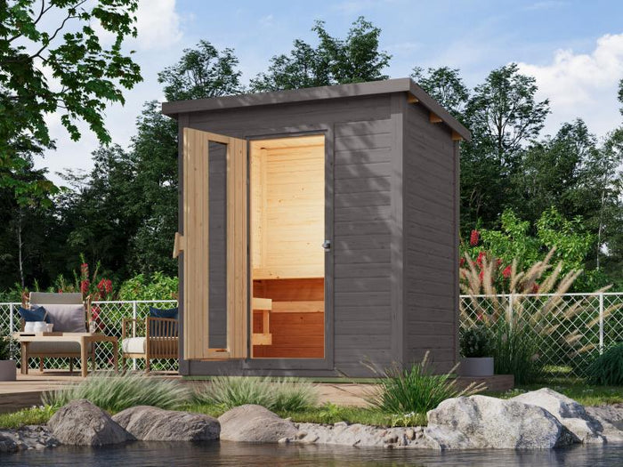 Karibu Saunahaus Hytti 1 38 mm, terragrau - inkl. 9 kW Bioofen ext. Steuerung - mit Energiespartür