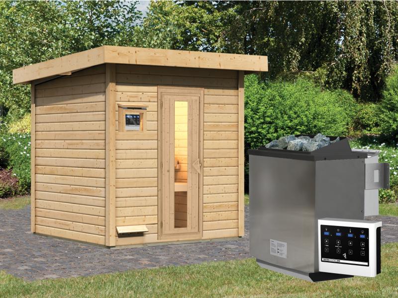 Karibu Saunahaus Hytti 2  38 mm - inkl. 9 kW Bioofen ext. Steuerung - mit Energiespartür und Fußbode