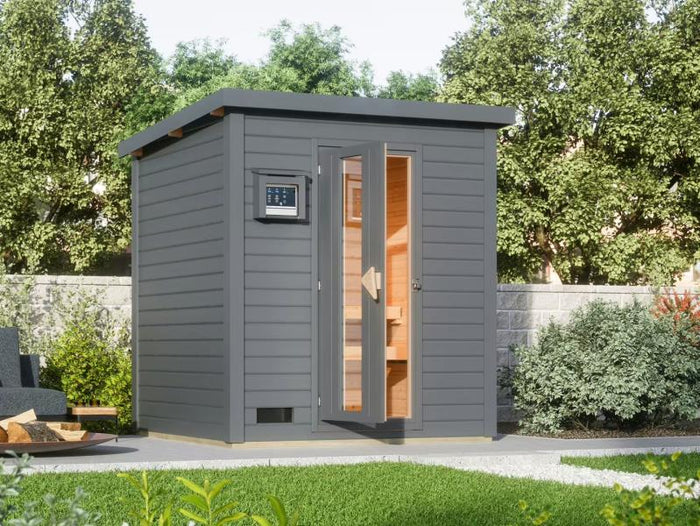Karibu Saunahaus Hytti 2 38 mm, terragrau- inkl. 9 kW Ofen ext. Steuerung - mit Energiespartür und