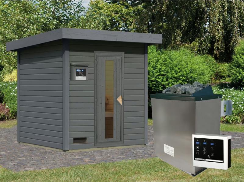 Karibu Saunahaus Hytti 2 38 mm, terragrau- inkl. 9 kW Ofen ext. Steuerung - mit Energiespartür und