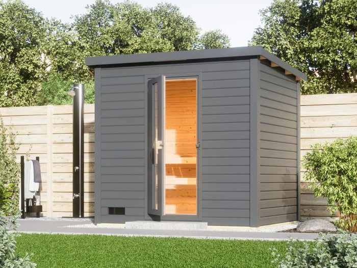 Karibu Saunahaus Hytti 3 38 mm terragrau- inkl. 9 kW Ofen ext. Steuerung - inkl. Energiespartür und