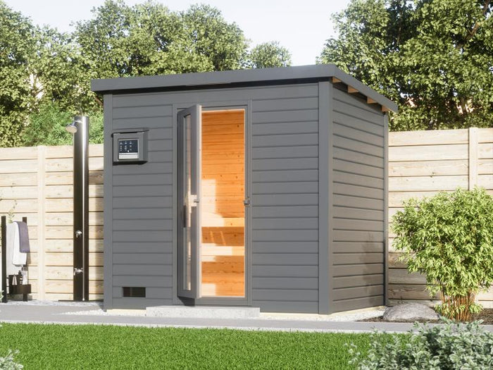 Karibu Saunahaus Hytti 3 38 mm terragrau - inkl. 9 kW Bioofen ext. Steuerung - inkl. Energiespartür