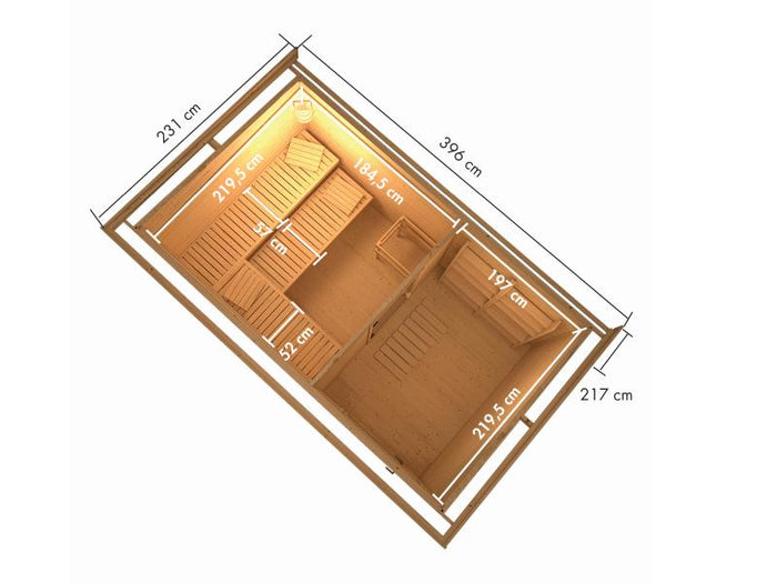 Karibu Saunahaus Hytti 6, inkl. 9 kW Bioofen ext. Steuerung - mit Iso-Tür naturbelassen, 38 mm