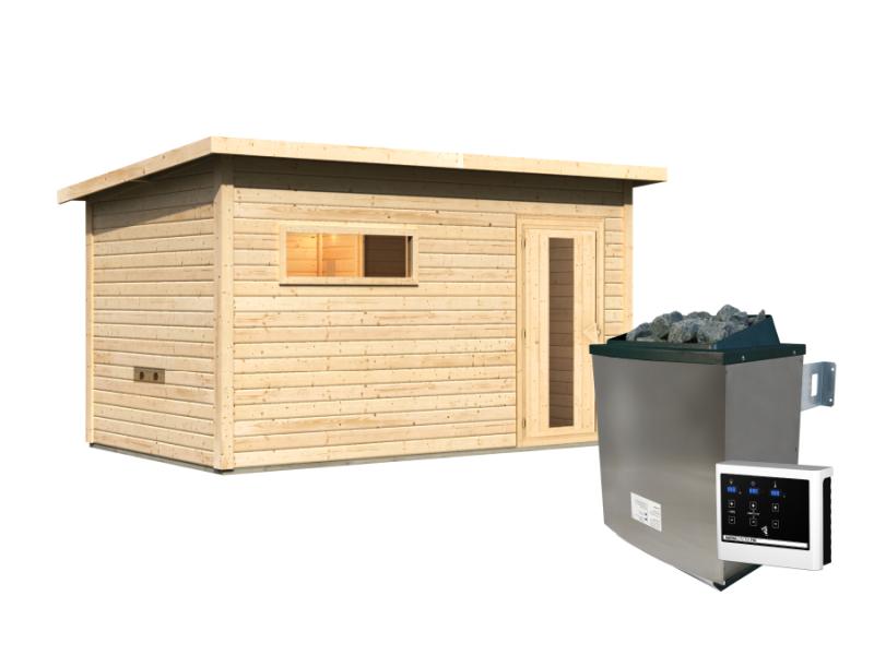 Karibu Saunahaus Hytti 6, inkl. 9 kW Ofen ext. Steuerung - mit Iso-Tür naturbelassen, 38 mm