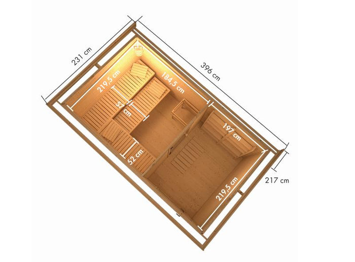 Karibu Saunahaus Hytti 6, inkl. 9 kW Ofen ext. Steuerung - mit Iso-Tür naturbelassen, 38 mm