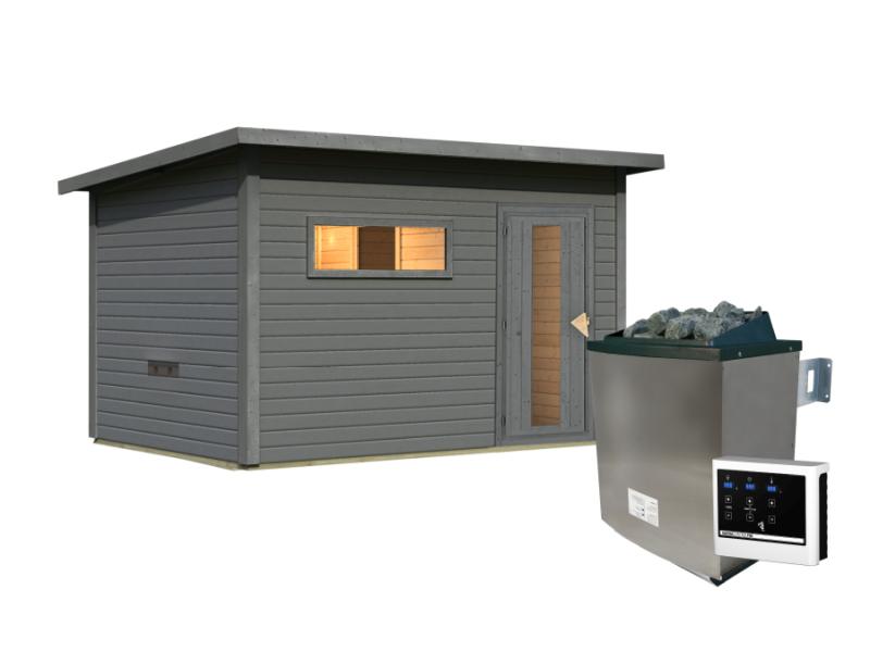 Karibu Saunahaus Hytti 6, inkl. 9 kW Ofen ext. Steuerung -mit Iso-Tür- terragrau, 38 mm