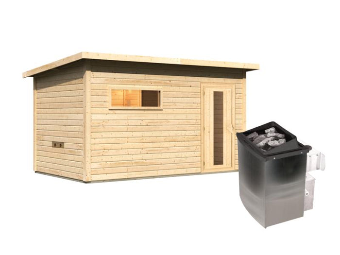 Karibu Saunahaus Hytti 6, inkl. 9 kW Ofen integr. Steuerung - mit Iso-Tür naturbelassen, 38 mm