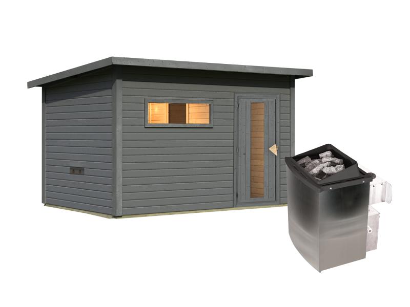 Karibu Saunahaus Hytti 6, inkl. 9 kW Ofen integr. Steuerung - mit Iso-Tür, terragrau, 38 mm