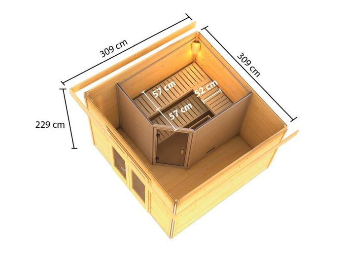 Karibu Saunahaus Mainburg 1 Set B terragrau- 9 kW Ofen ext. Strg