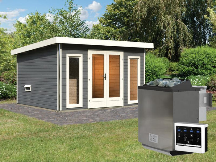 Karibu Saunahaus Mainburg 2 Set A terragrau -9 kW Bioofen ext. Steuerung