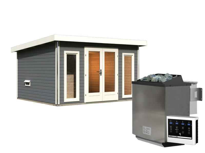 Karibu Saunahaus Mainburg 2 Set A terragrau -9 kW Bioofen ext. Steuerung