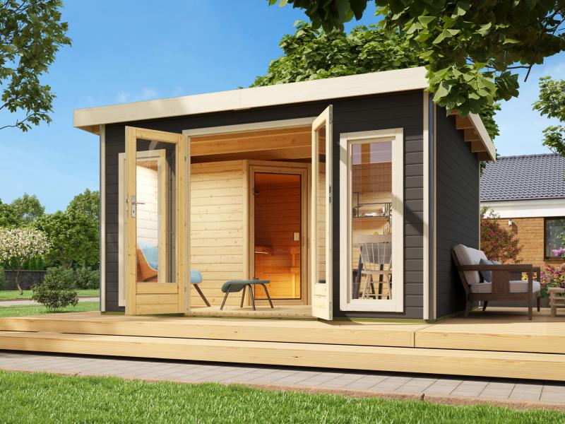 Karibu Saunahaus Mainburg 3 Set A terragrau -9 kW Ofen ext.Strg