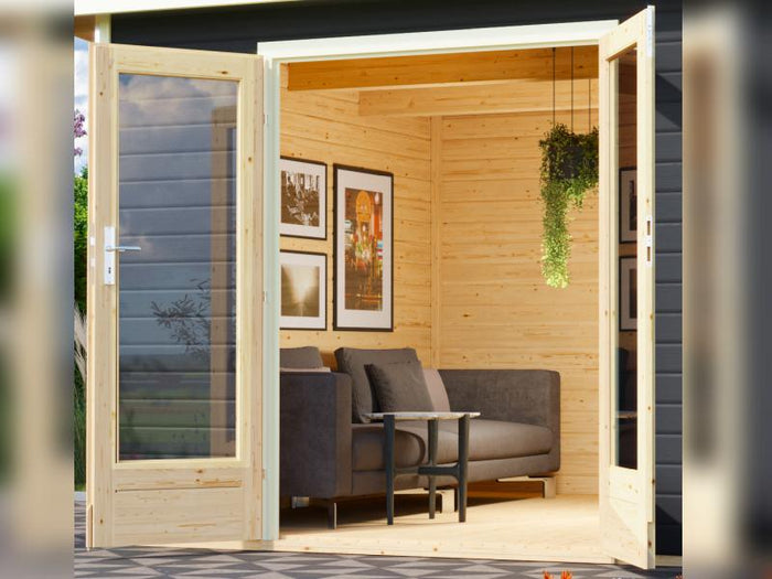 Karibu Saunahaus Mainburg 3 Set B terragrau- 9 kW Bioofen ext. Strg