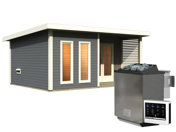 Karibu Saunahaus Mainburg 5 Set A terragrau- 9 kW Bioofen ext. Strg