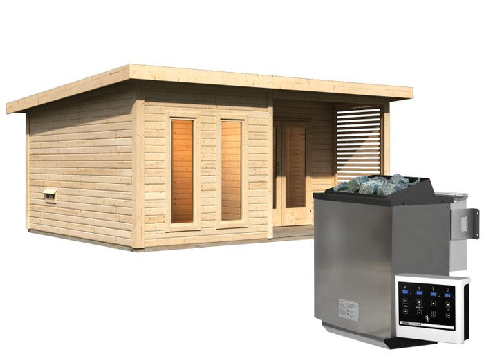 Karibu Saunahaus Mainburg 5 Set B naturbelassen- 9 kW Bioofen ext. Strg