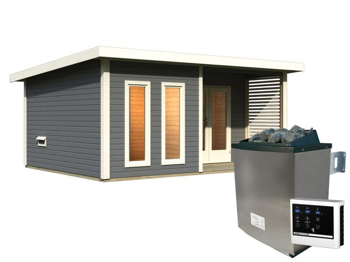 Karibu Saunahaus Mainburg 5 Set B terragrau- 9 kW Ofen ext. Strg