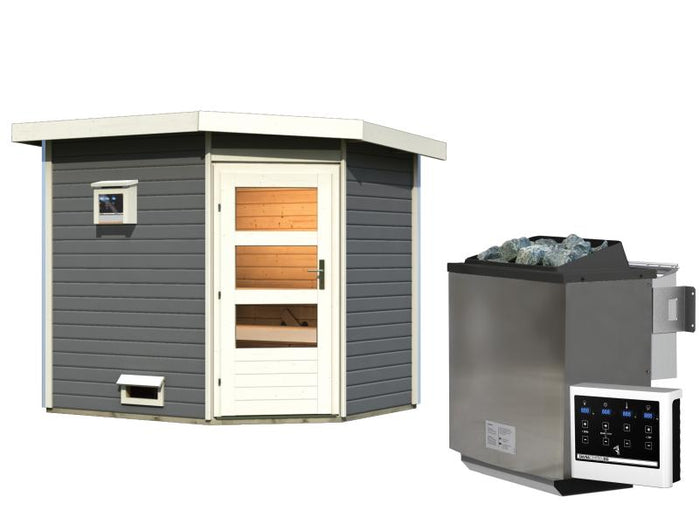 Karibu Saunahaus Mikka 38 mm- 9 kW Bioofen ext. Strg- moderne Tür- terragrau