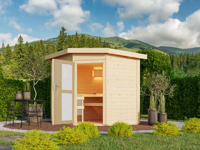 Karibu Saunahaus Mikka 38 mm- 9 kW Ofen ext. Strg- Milchglastür