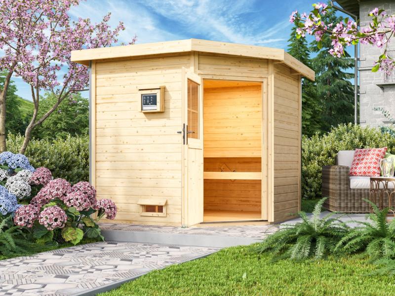 Karibu Saunahaus Mikka 38 mm inkl. 9 kW Bioofen ext. Steuerung -klassische Tür