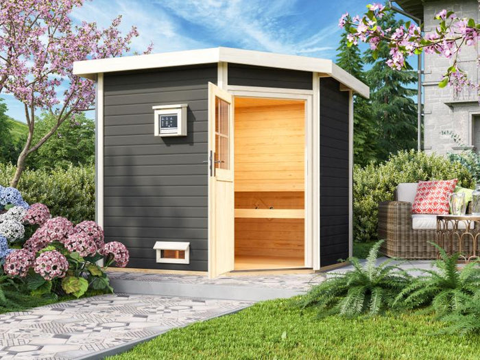 Karibu Saunahaus Mikka 38 mm -terragrau- inkl. 9 kW Ofen ext. Steuerung -klassische Tür-