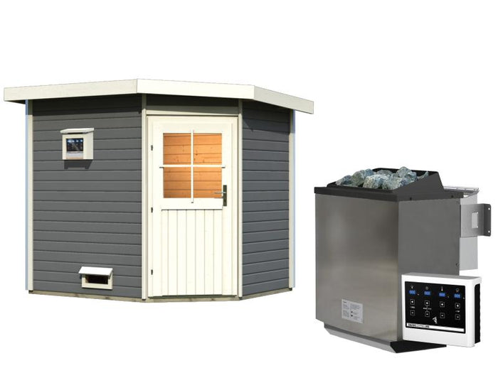 Karibu Saunahaus Mikka 38 mm -terragrau- inkl. 9 kW Bioofen ext. Steuerung -klassische Tür